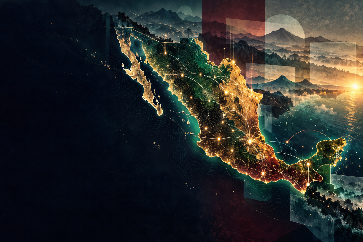 Atlas visual de México con rutas luminosas